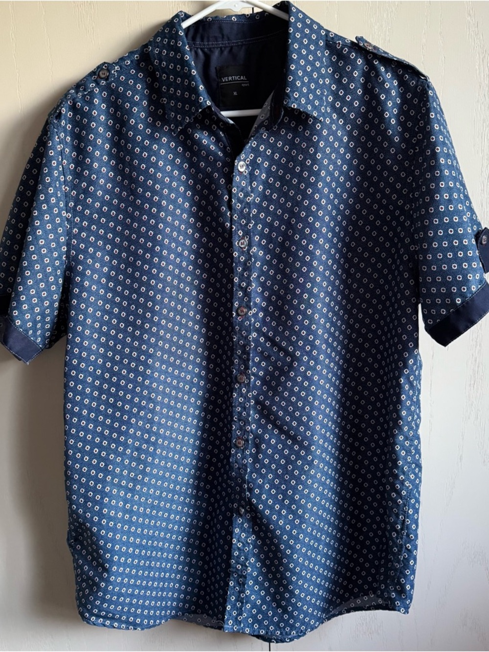 Vertical Sport Navy Blue Short-Sleeve Button-Up Shirt with Micro Print